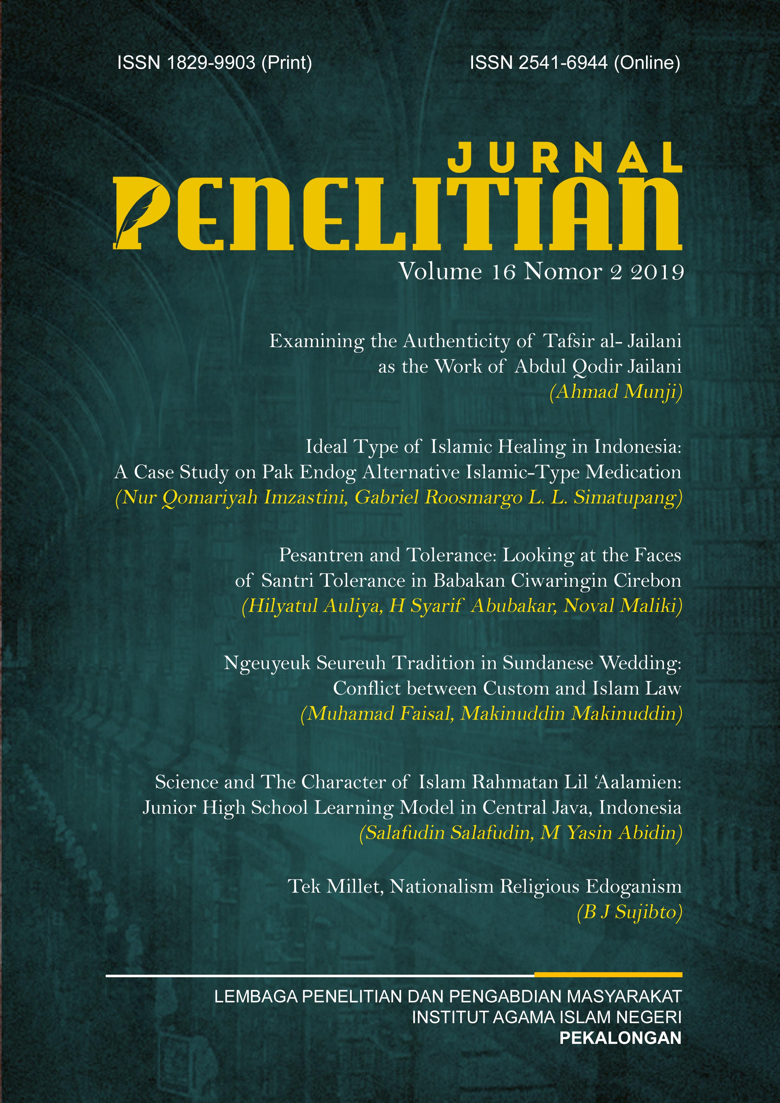 Jurnal Penelitian (ISSN: 1829-9903 and -ISSN: 2541-6944) is a peer-reviewed journal published twice a year by Institute for Research and Community Services (LP2M), The State Islamic Institute (IAIN) Pekalongan, Central Java, Indonesia. This journal is a religious or Islamic studies journal containing (library or field) research results from various aspects of discipline, religion, social, education, law, economy, politics, environment, language, art and culture. We warmly welcome contributions from scholars and researchers of many disciplines.  All submitted manuscripts are subject to double-blind review process. This journal is an open access journal. Users are allowed to read, download, copy, distribute, print, search, or link to the full texts of the articles, or use them for any other lawful purpose, without asking prior permission from the publisher or the author. Jurnal Penelitian has been accredited grade 2 (Sinta 2) by The Ministry of Research, Technology, and Higher Education, Republic of Indonesia as an academic journal. Jurnal Penelitian has become a CrossRef Member since the year 2017. Therefore, all articles published by Jurnal Penelitian will have unique DOI number.