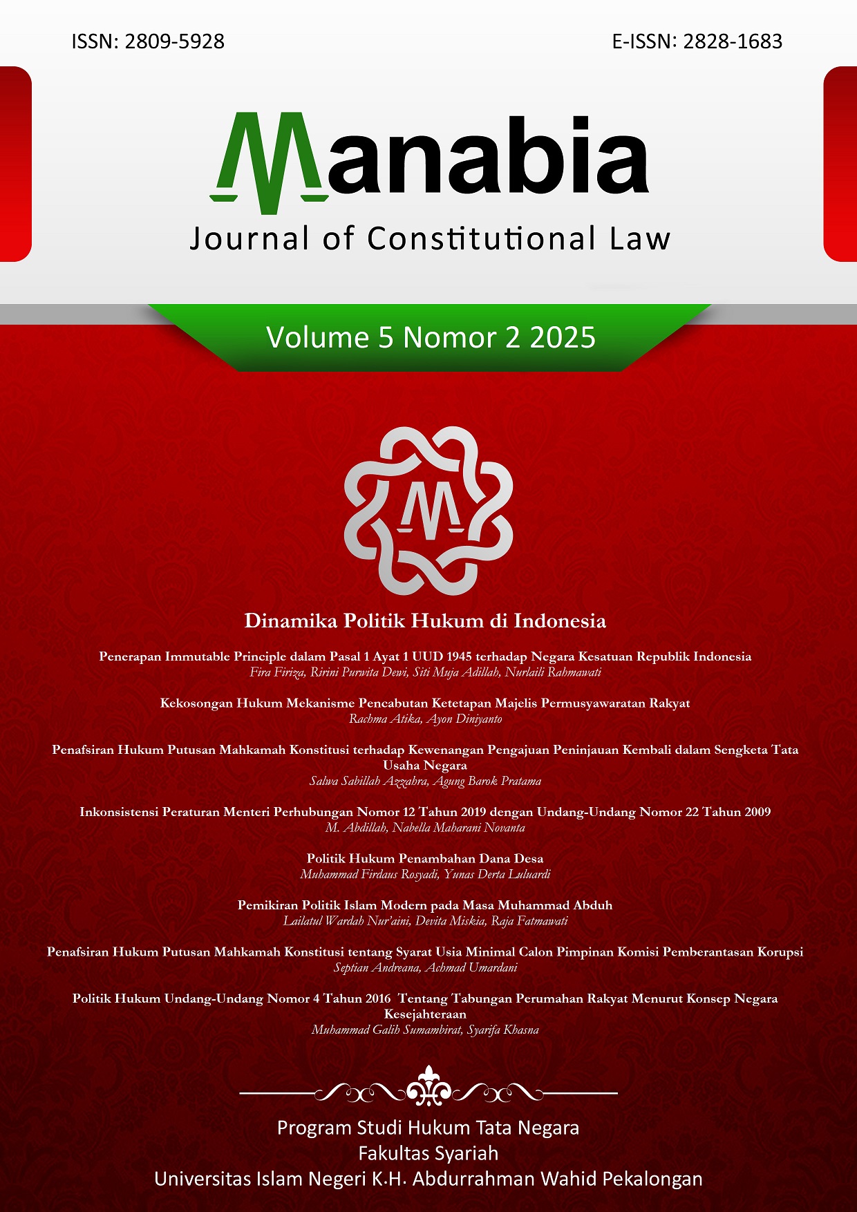 Cover Manabia: Journal of Constitutional Law